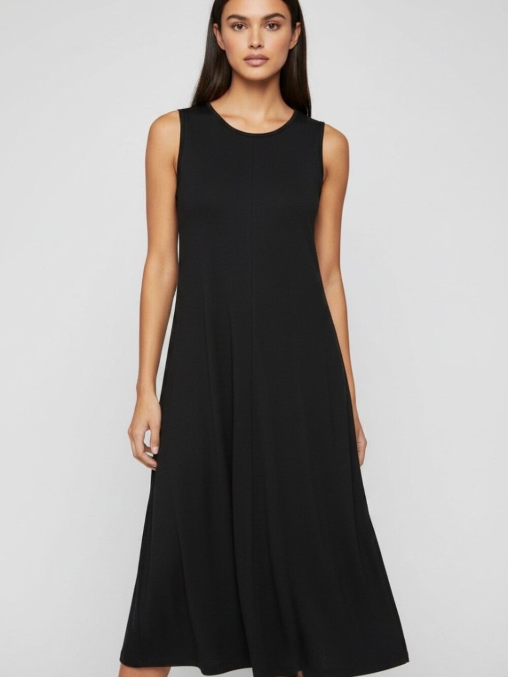 Uniqlo Womens Large Black Sleeveless Fit Flare Midi Dress Stretch Pockets